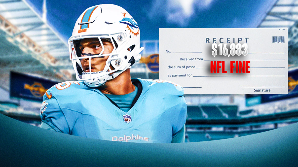 Dolphins' Jaelen Phillips next to a receipt that says NFL FINE in red text at the top and $16,883 on it