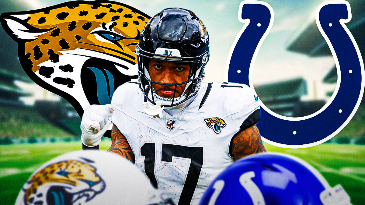 Jaguars' Evan Engram next to the Jaguars & Colts' logos and a football field in the background