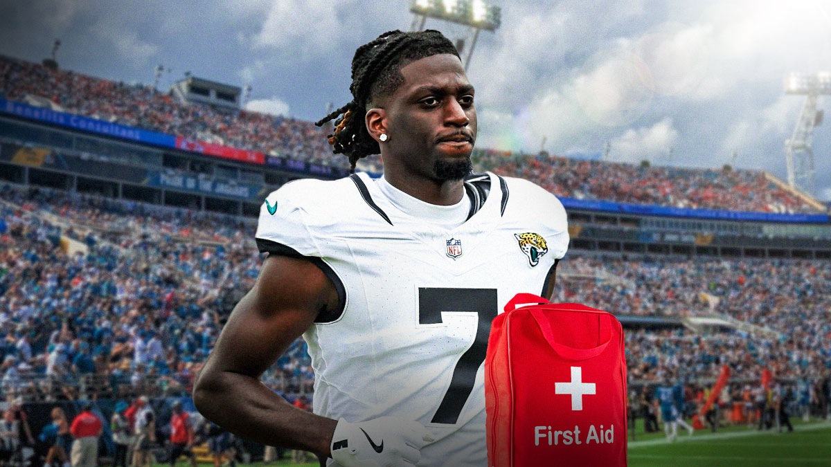 Brian Thomas Jr. in a Jacksonville Jaguars uniform with a red and white first aid symbol as Thomas is injured but could play, one of many jaguars injuries.