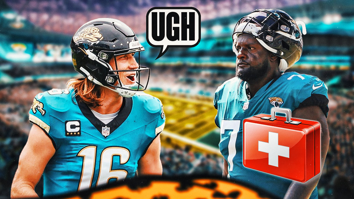 Trevor Lawrence on one side with that says "Ugh" Cam Robinson on the other side with an injury kit in front of him