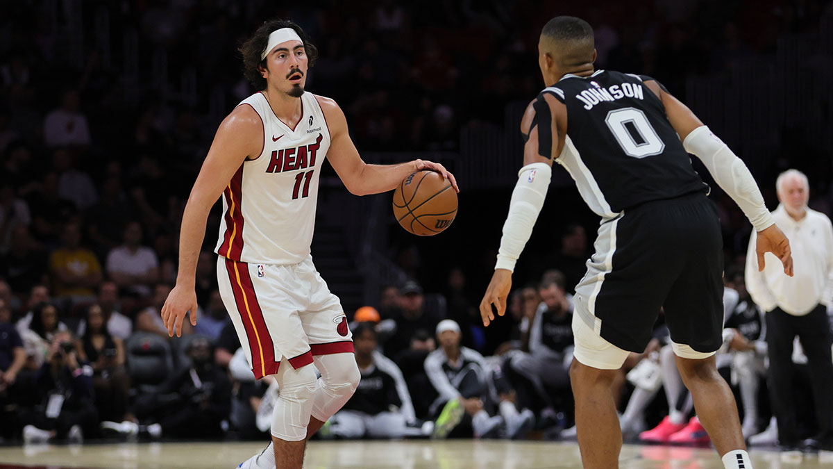Miami Heat guard Jaime Jaquez Jr. (11) dribbles the basketball as San Antonio Spurs forward Keldon Johnson (0) defends during the third quarter at Kaseya Center.