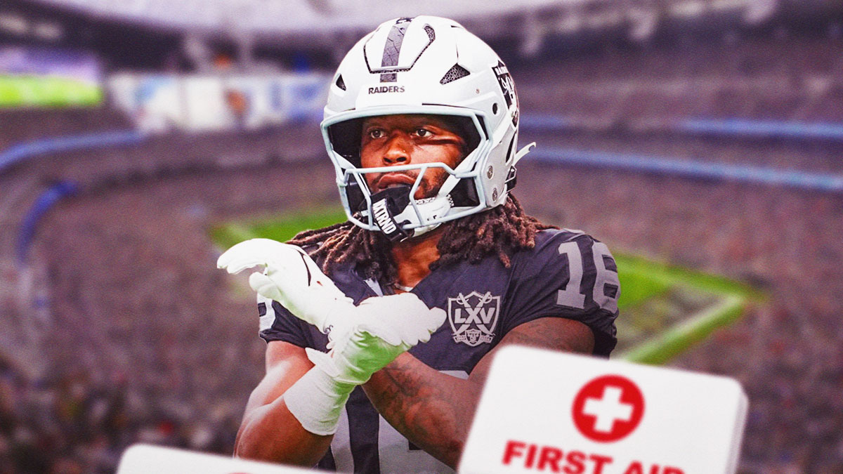 Jakobi Meyers in a Las Vegas Raiders uniform with a red and white first aid symbol as Meyers is injured and downgraded for the Raiders Week 6 game.