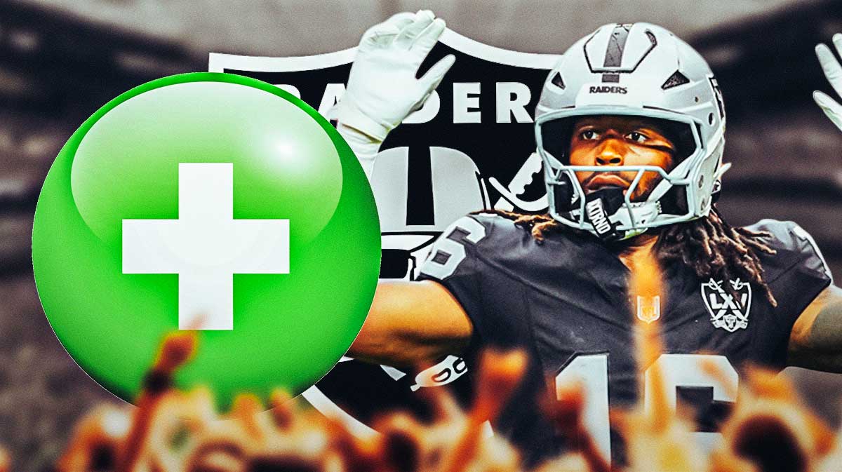 Las Vegas Raiders WR Jakobi Meyers with a green injury symbol. There is also a logo for the Las Vegas Raiders.
