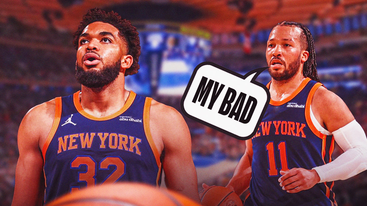 Jalen Brunson with speech bubble saying "My Bad" to Karl-Anthony Towns