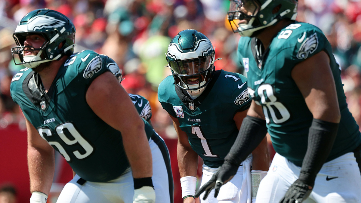 Philadelphia Eagles quarterback Jalen Hurts (1) looks on against the Tampa Bay Buccaneers during the second half at Raymond James Stadium.
