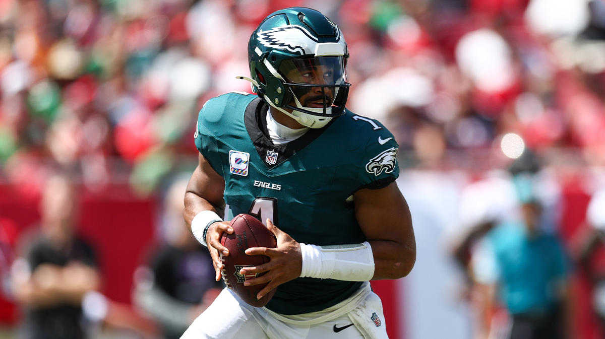 Philadelphia Eagles quarterback Jalen Hurts (1) drops back to p[ass against the Tampa Bay Buccaneers in the second quarter at Raymond James Stadium.