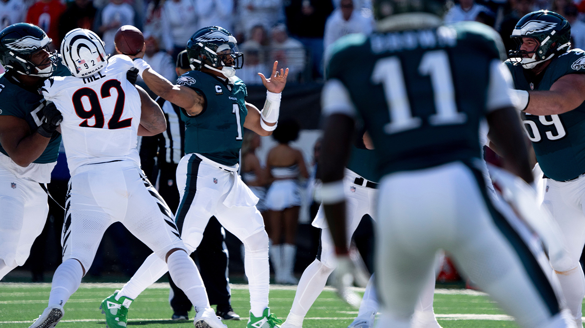 Jalen Hurts (1) goes to throw a pass in the second quarter of the NFL game against the Cincinnati Bengals at Paycor Stadium