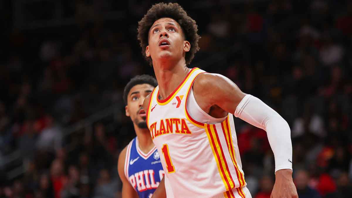 Atlanta Hawks forward Jalen Johnson (1) boxes out against the Philadelphia 76ers in the second quarter at State Farm Arena.