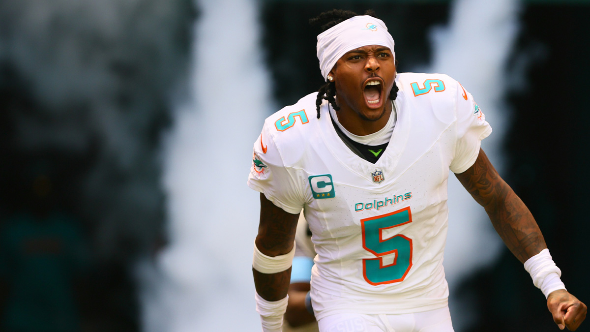  Miami Dolphins cornerback Jalen Ramsey (5) runs onto the field before the game against the Jacksonville Jaguars at Hard Rock Stadium.