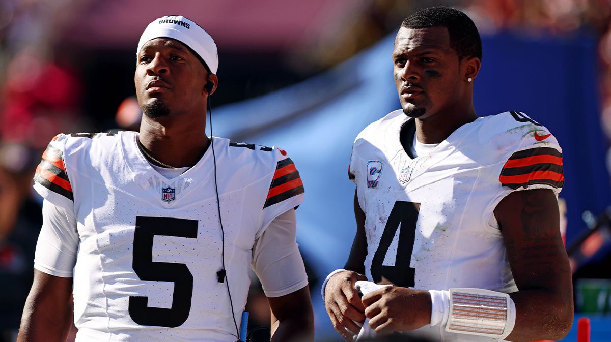 Cleveland Browns quarterback Deshaun Watson (4) and quarterback Jameis Winston (5) stand on the sideline during the fourth quarter of the game against the Washington Commanders at NorthWest Stadium.