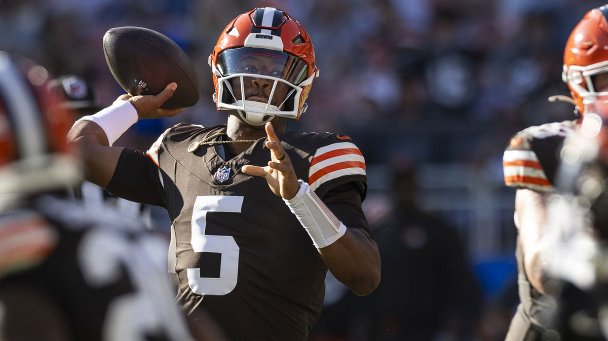 Oct 20, 2024; Cleveland, Ohio, USA; Cleveland Browns quarterback Jameis Winston (5) throws the ball during the fourth quarter against the Cincinnati Bengals at Huntington Bank Field.