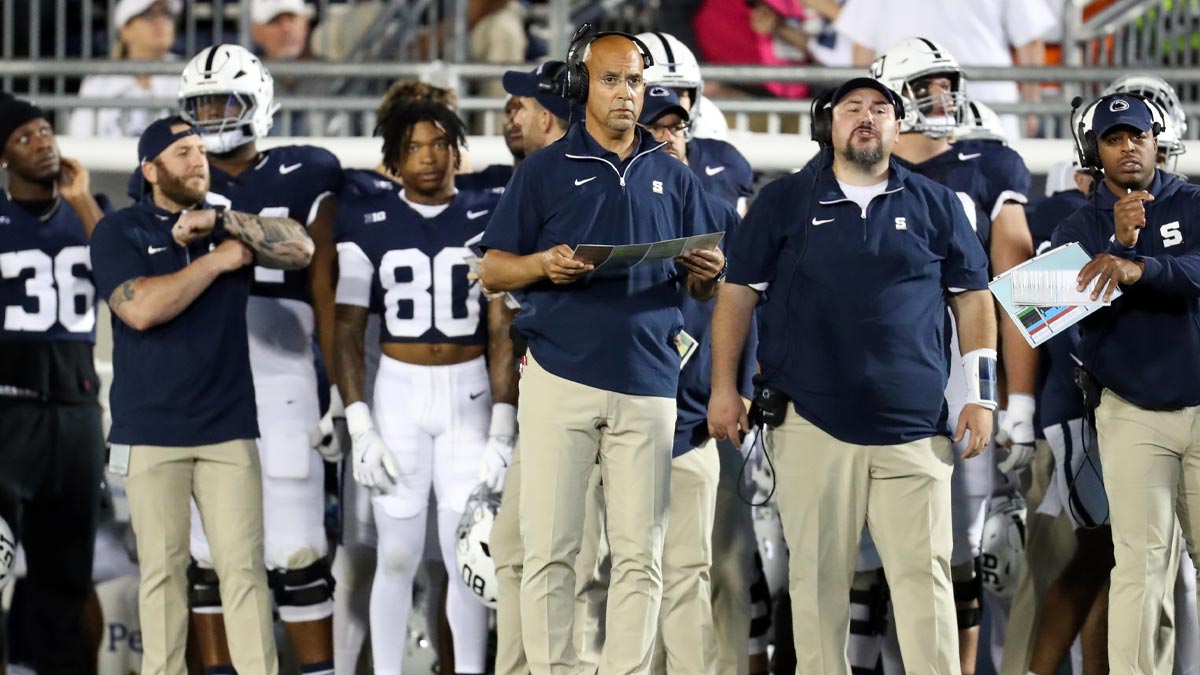 Penn State Nittany Lions head coach James Franklin (center) on the sideline during the first quarter against the Illinois Fighting Illini at Beaver Stadium.