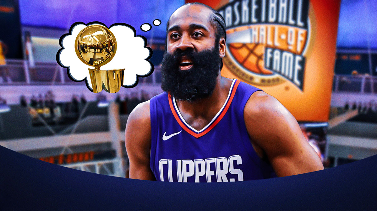 Los Angeles Clippers point guard James Harden with a thought bubble that has a picture of an NBA Championship. The background also has a picture of the Naismith Basketball Hall-of-Fame building.