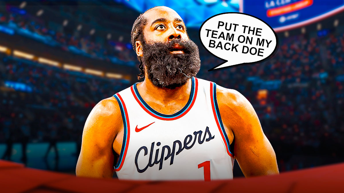 Clippers' James Harden with a talk bubble that says PUT THE TEAM ON MY BACK DOE