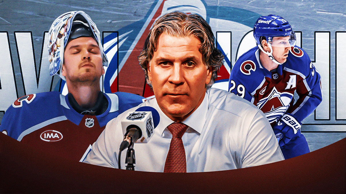 Jared Bednar (in middle), Alexandar Georgiev and Nathan MacKinnon in image looking relieved, Colorado Avalanche logo, hockey rink in background