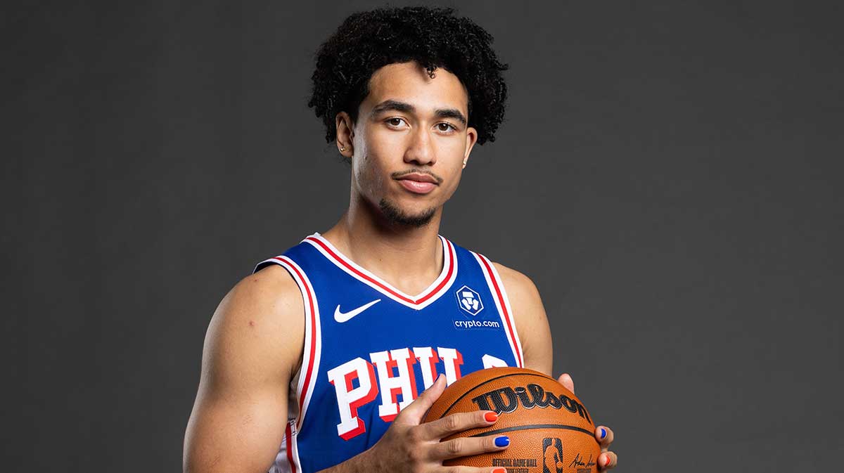 Philadelphia 76ers guard Jared McCain (20) poses for a photo on media day at the Philadelphia 76ers Training Complex. 