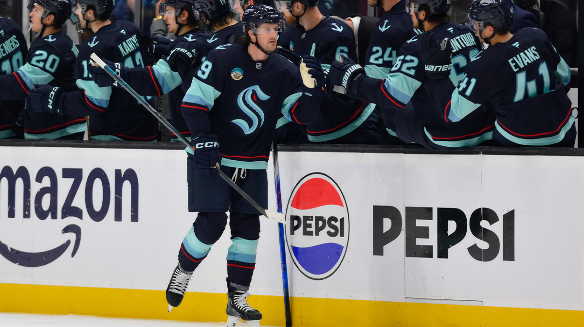 Seattle Kraken left wing Jared McCann (19) celebrates after scoring a goal against the Philadelphia Flyers during the second period at Climate Pledge Arena.