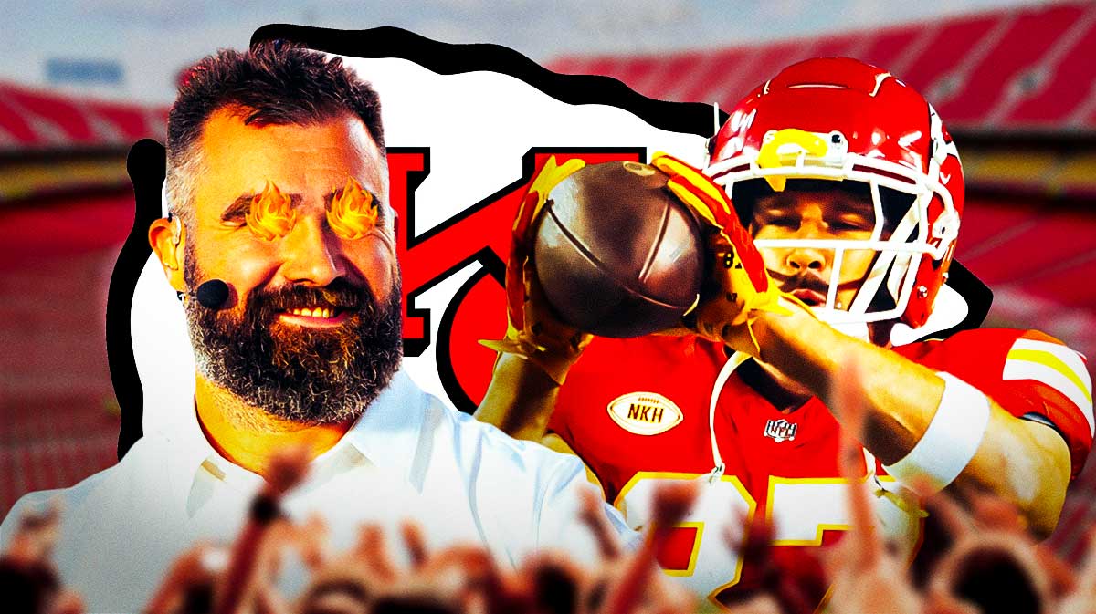 Jason Kelce with fire in his eyes looking at Chiefs' Travis Kelce