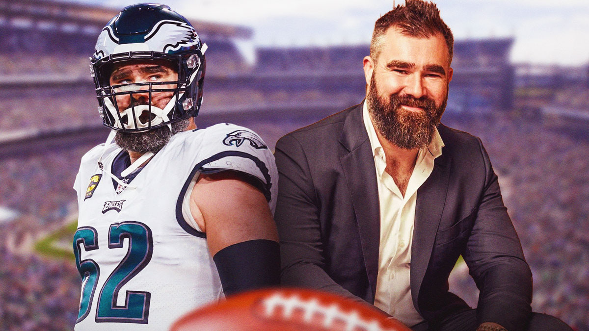 Jason Kelce in his Eagles uniform next to Jason Kelce in a suit in front of the Eagles stadium.