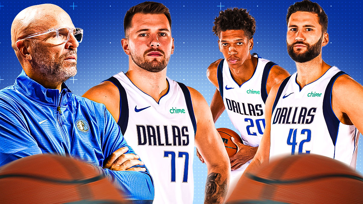 Mavericks' Jason Kidd looking at Luka Doncic, Kessler Edwards and Maxi Kleber.