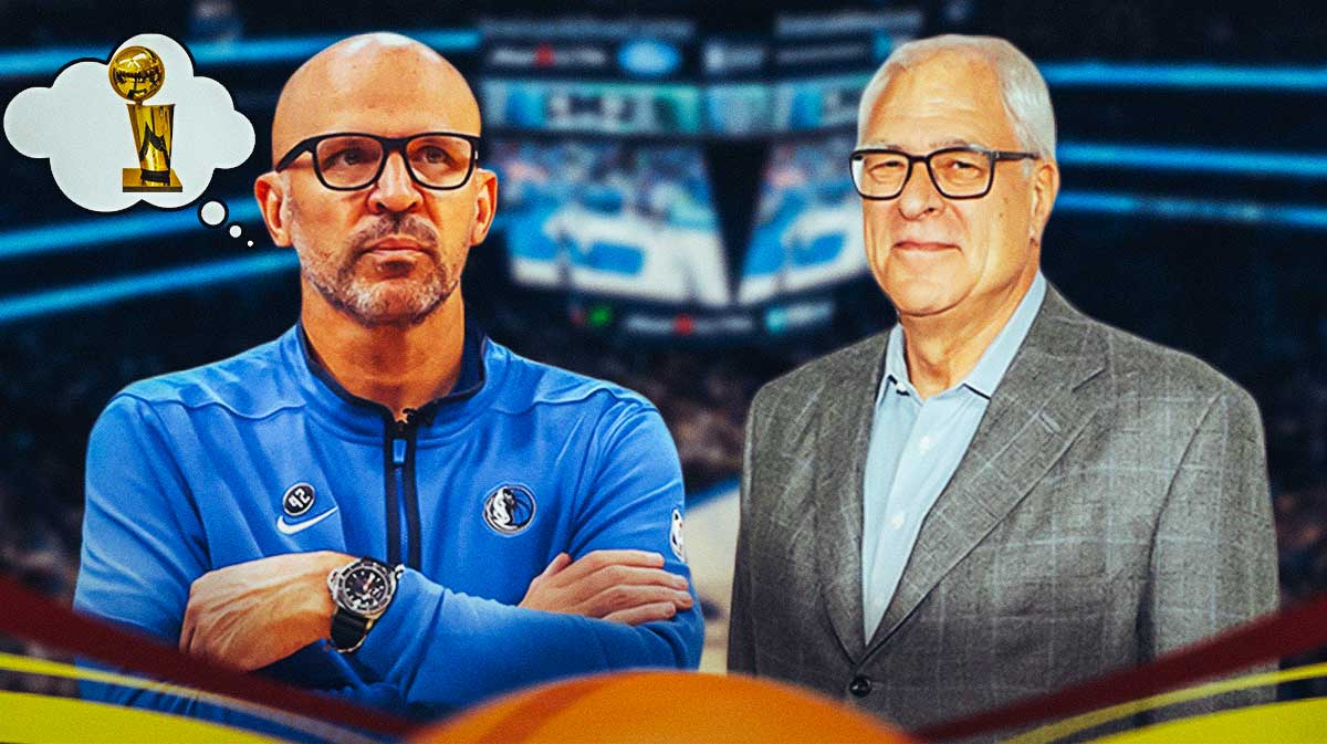A picture of former Chicago Bulls head coach Phil Jackson standing next to Dallas Mavericks head coach Jason Kidd. Kidd also has a thought bubble with the NBA Championship Trophy in it.
