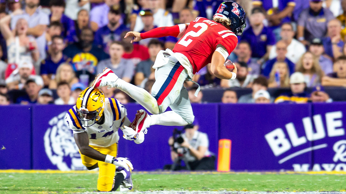 DeShawn Womack 15 tackles Jaxson Dart 2 as the LSU Tigers take on the Ole Miss Rebels at Tiger Stadium in Baton Rouge, LA. Saturday, Oct. 12, 2024