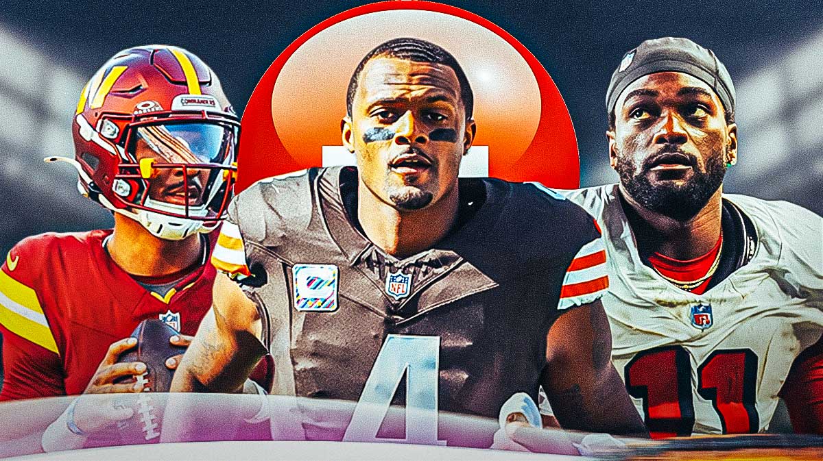 Commanders' Jayden Daniels, Browns' Deshaun Watson and 49ers' Brandon Aiyuk with a medical Red Cross symbol behind them