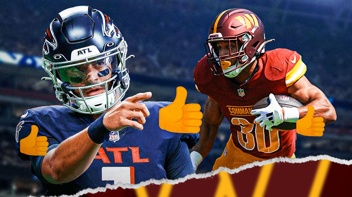 Commanders Marcus Mariota and Austin Eckler with a thumbs-up emoji