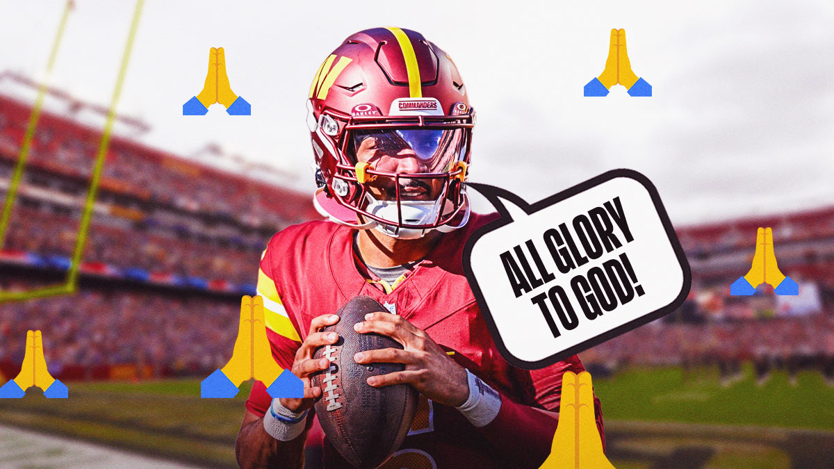 Commanders' Jayden Daniels with lots of 🙏praying emojis and a talk bubble that says ALL GLORY TO GOD!