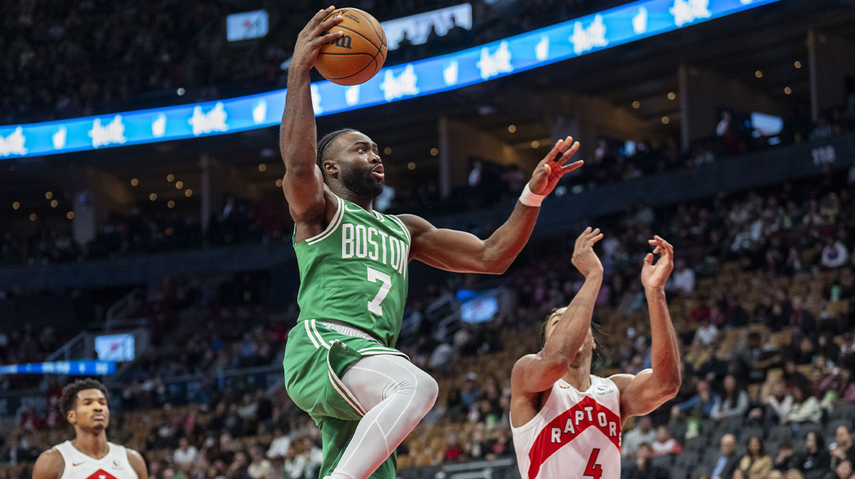 Boston Celtics guard Jaylen Brown (7) drives to the net against the Toronto Raptors during the first half at Scotiabank Arena.