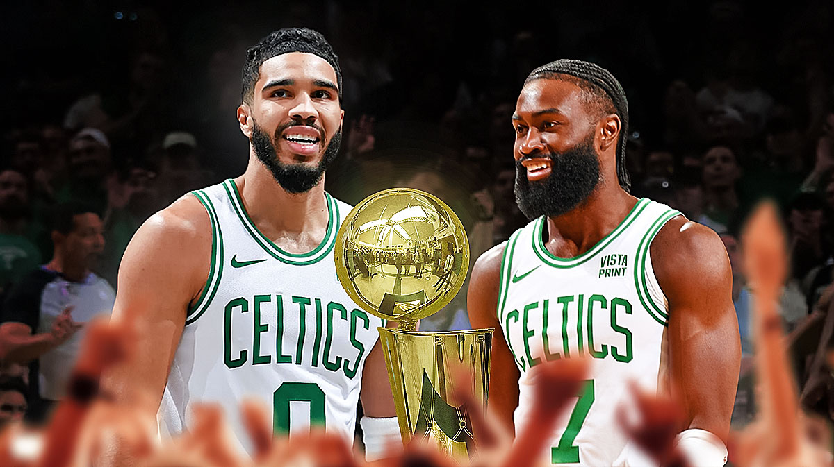 Jaylen Brown and Jayson Tatum both smiling next to each other on a Boston city background or generic Celtics background with the Larry O'Brien trophy in between them