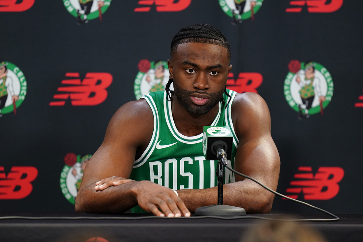 Boston Celtics guard Jaylen Brown (7) talks to reporters during media day at Auerbach Center.