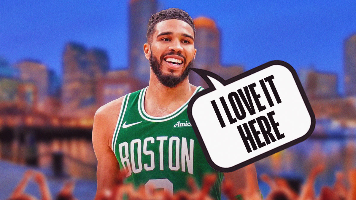 Jayson Tatum smiling on a Boston city background with a speech bubble saying "I love it here"