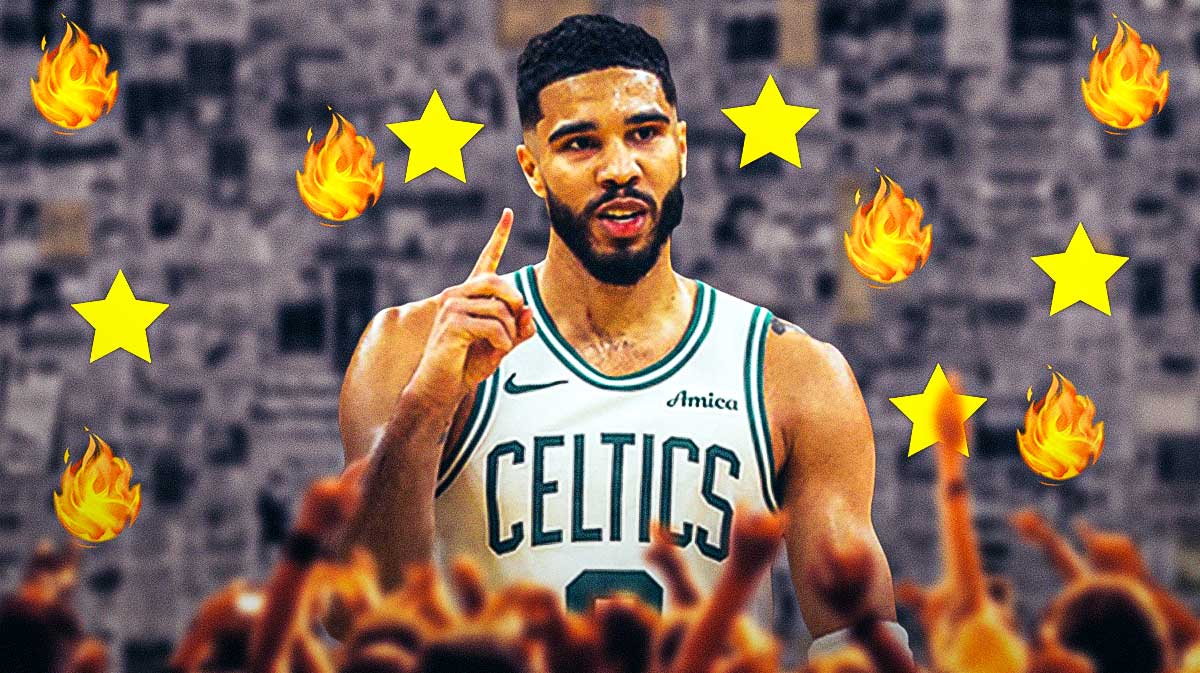 A newspaper as the background, Jayson Tatum on one side on fire, a bunch of Boston Celtics fans on the other side with stars in their eyes