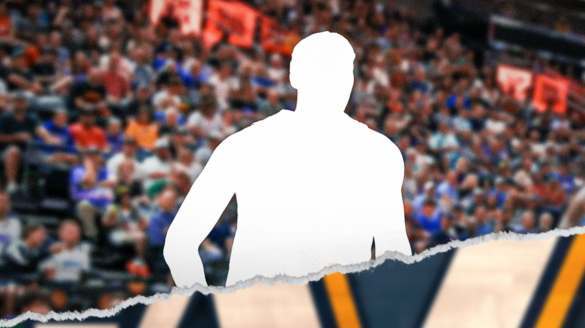 Silhouette of Keyonte George, Utah Jazz logo, basketball court in background