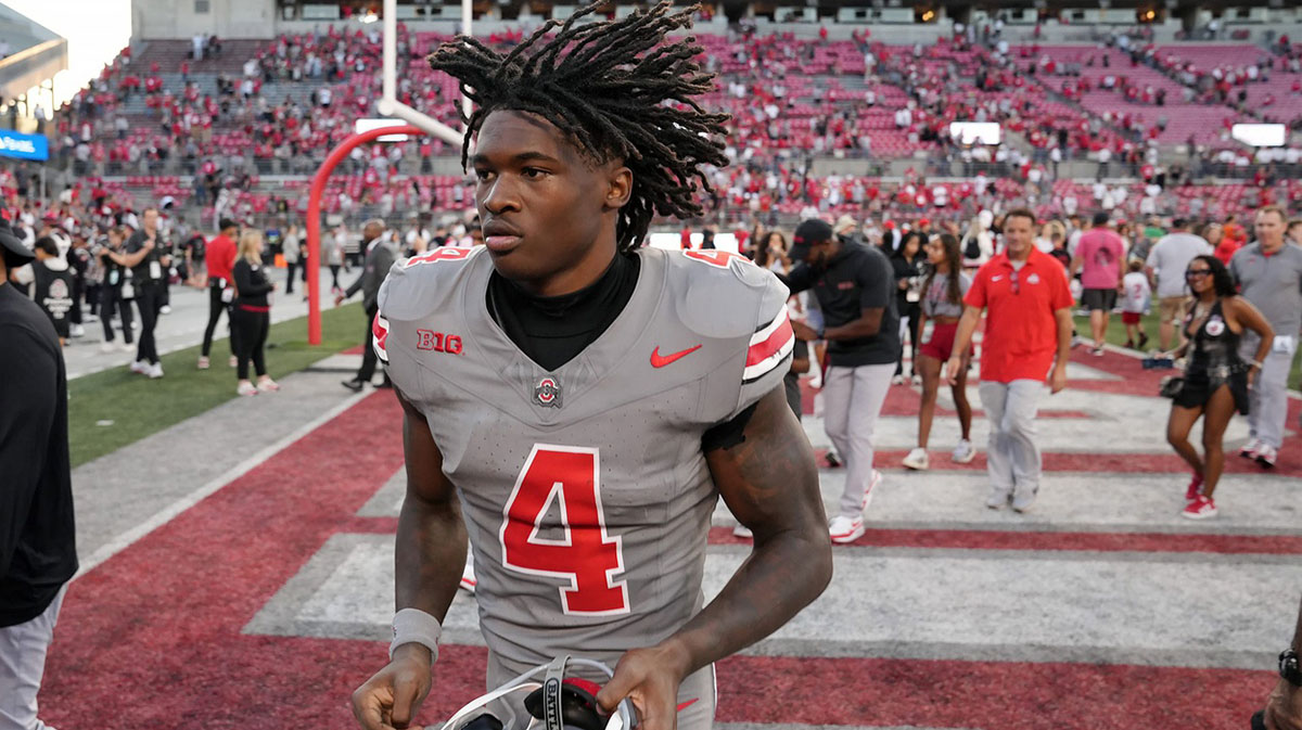 Oct 5, 2024; Columbus, OH, USA; Ohio State Buckeyes wide receiver Jeremiah Smith (4) runs off the field after beating Iowa Hawkeyes after the NCAA football game at Ohio Stadium.