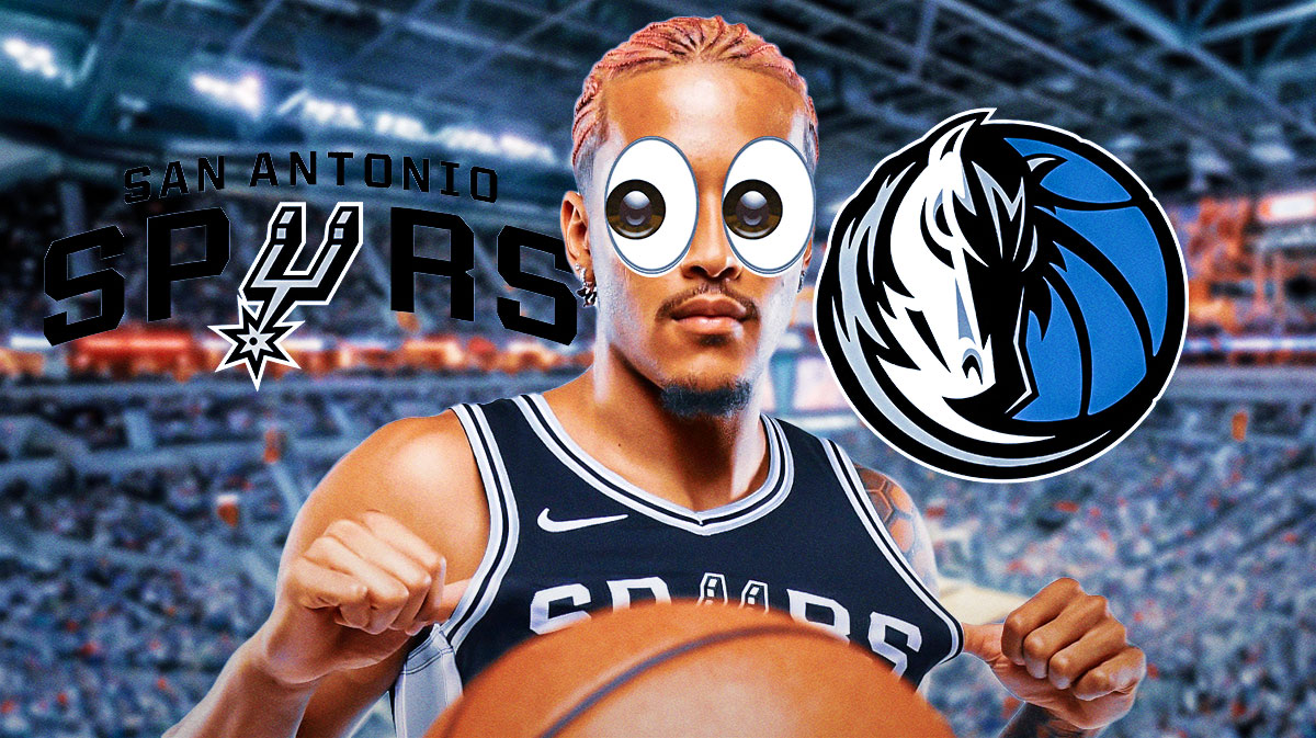 Spurs Jeremy Sochan in front with his eyes popping out. In background, need the San Antonio Spurs and Dallas Mavericks 2024 logos.