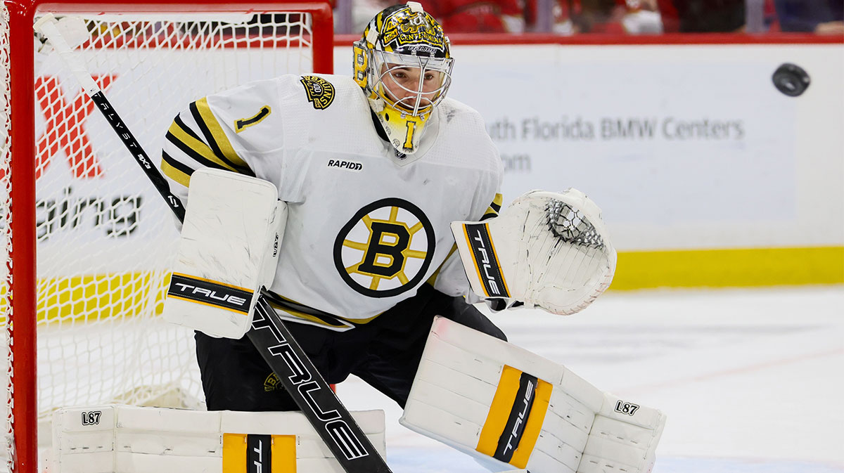 Boston Bruins goaltender Jeremy Swayman (1) defends his net against the Florida Panthers during the second period in game five of the second round of the 2024 Stanley Cup Playoffs at Amerant Bank Arena.