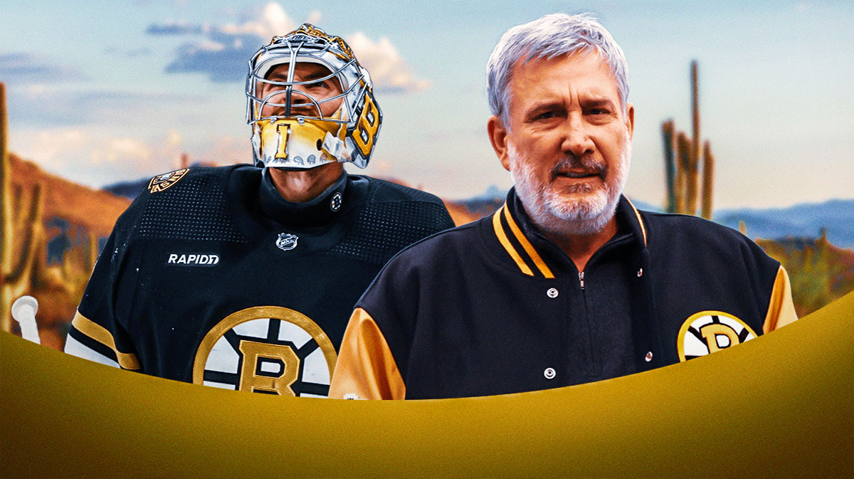 Bruins goaltender Jeremy Swayman and president Cam Neely