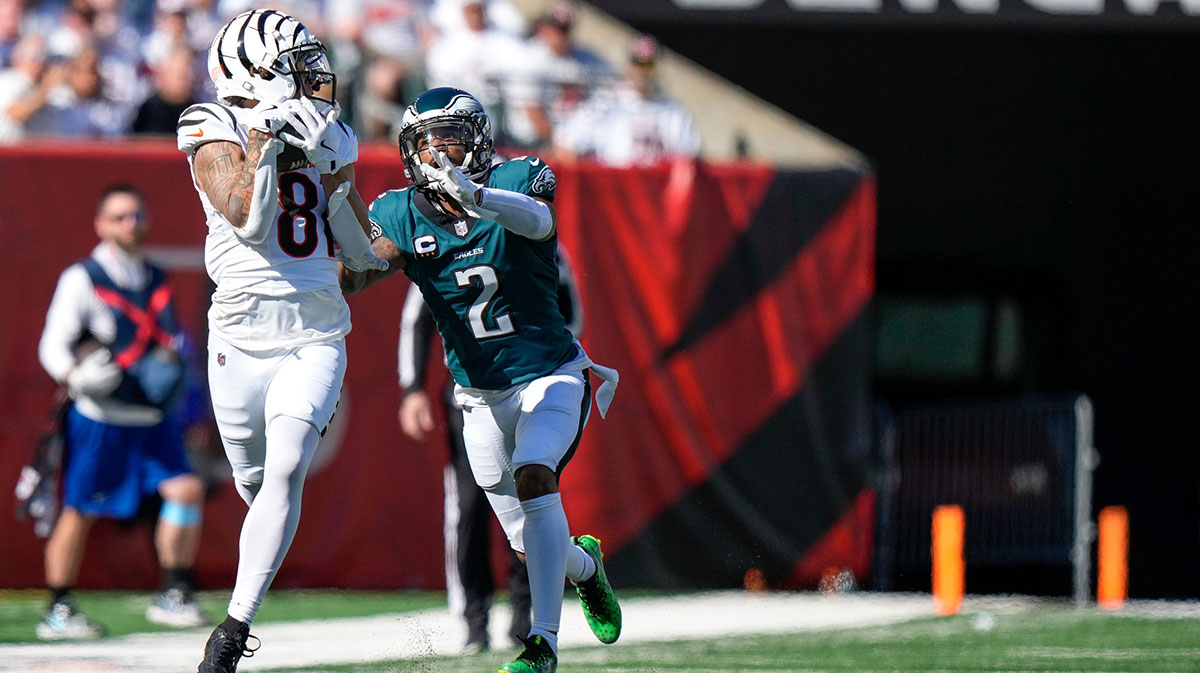 Cincinnati Bengals wide receiver Jermaine Burton (81) catches a deep pass down the sideline in the second quarter of the NFL Week 8 game between the Cincinnati Bengals and the Philadelphia Eagles at Paycor Stadium in downtown Cincinnati.
