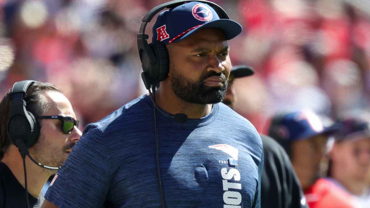 Sep 29, 2024; Santa Clara, California, USA; New England Patriots head coach Jerod Mayo looks on during the first quarter against the San Francisco 49ers at Levi's Stadium.