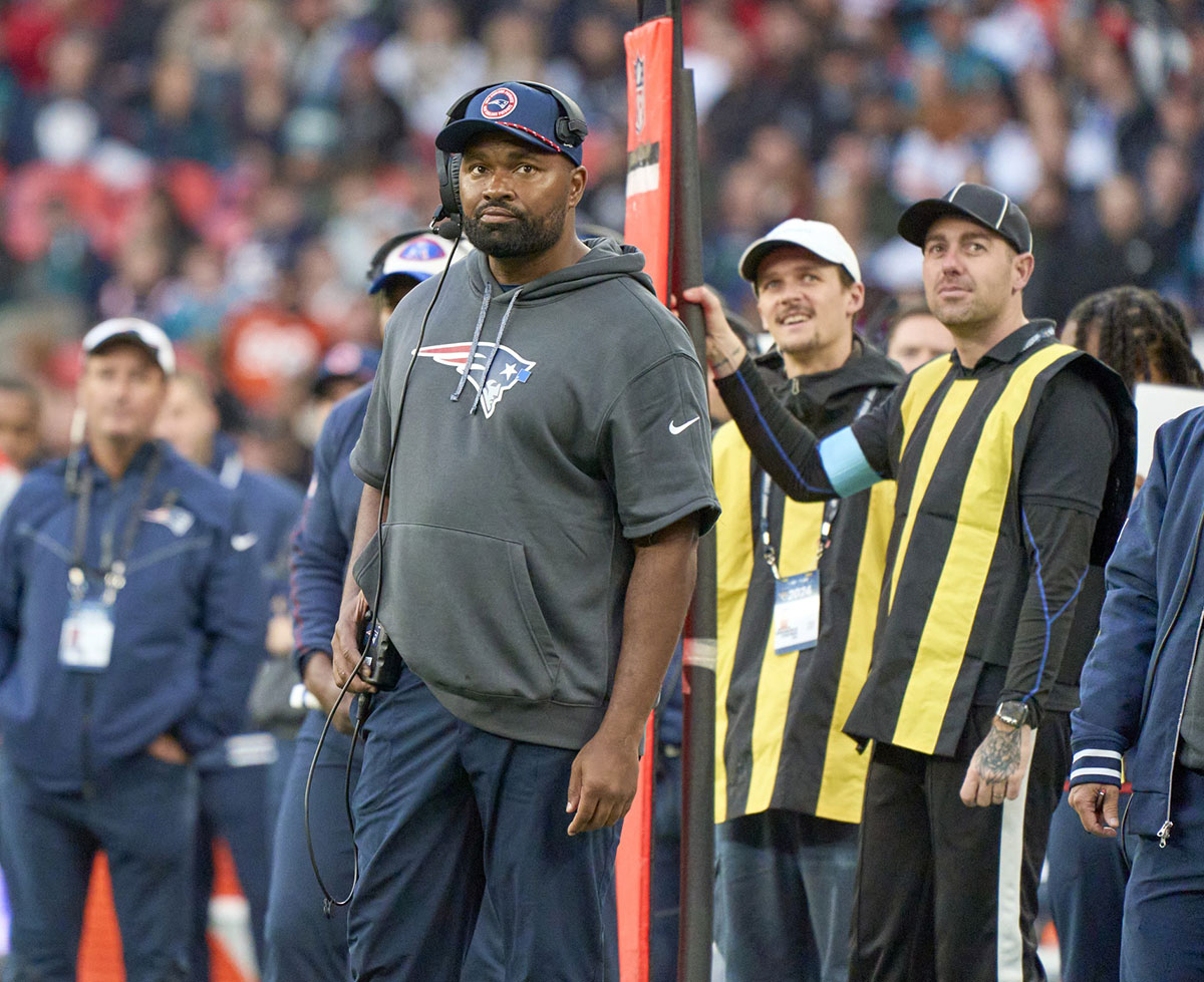 Oct 20, 2024; London, United Kingdom; New England Patriots coach Jerod Mayo in the game against the Jacksonville Jaguarsduring an NFL International Series game at Wembley Stadium.