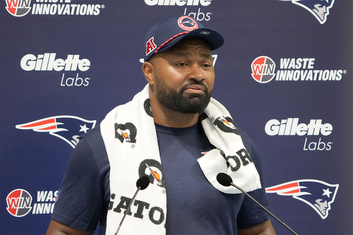 New England Patriots coach Jerod Mayo at press conference at the Harrow School.