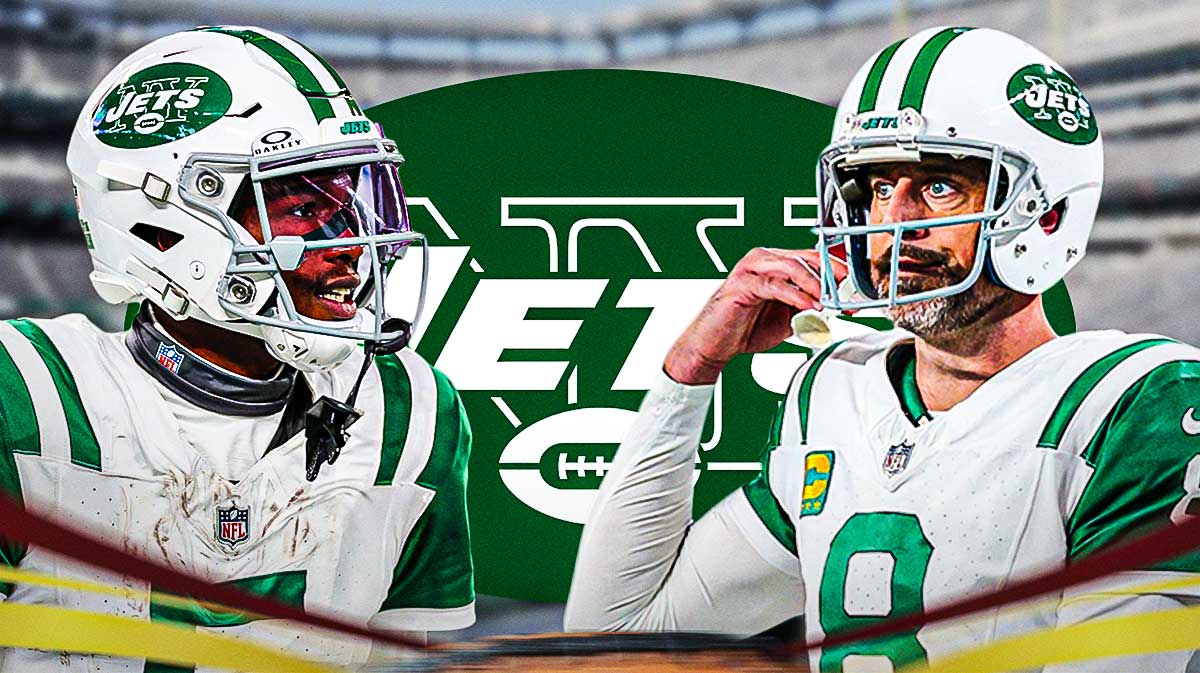 Dejected Aaron Rodgers and Garrett Wilson with a Jets logo