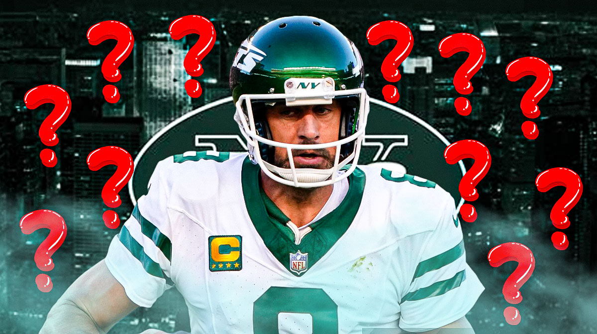 Aaron Rodgers with question marks surrounding him featuring a Jets-themed BG.
