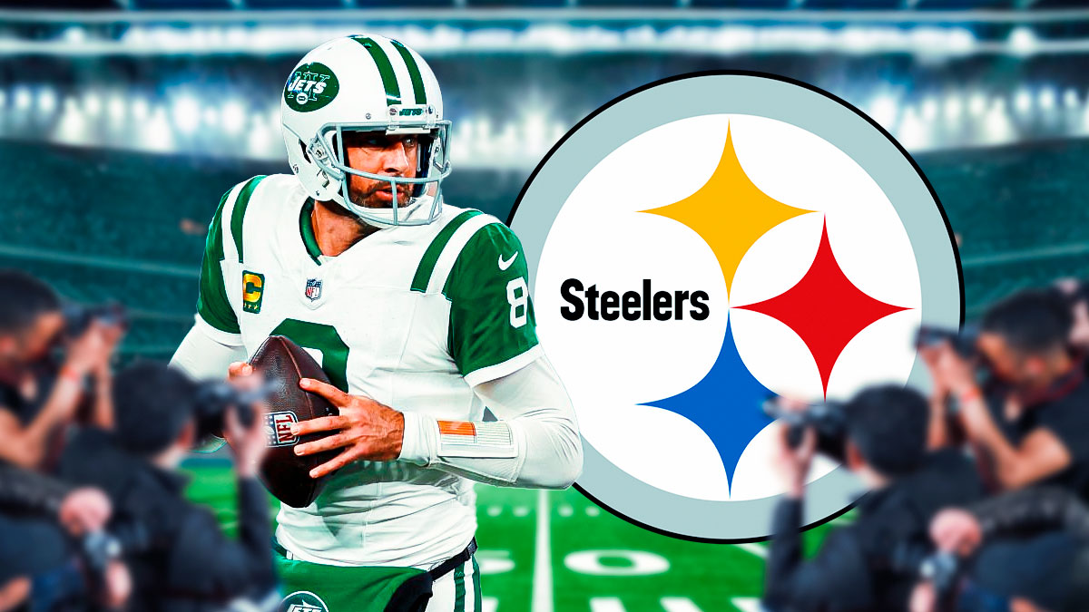 Aaron Rodgers in Jets uniform in front of cameras next to Steelers logo.