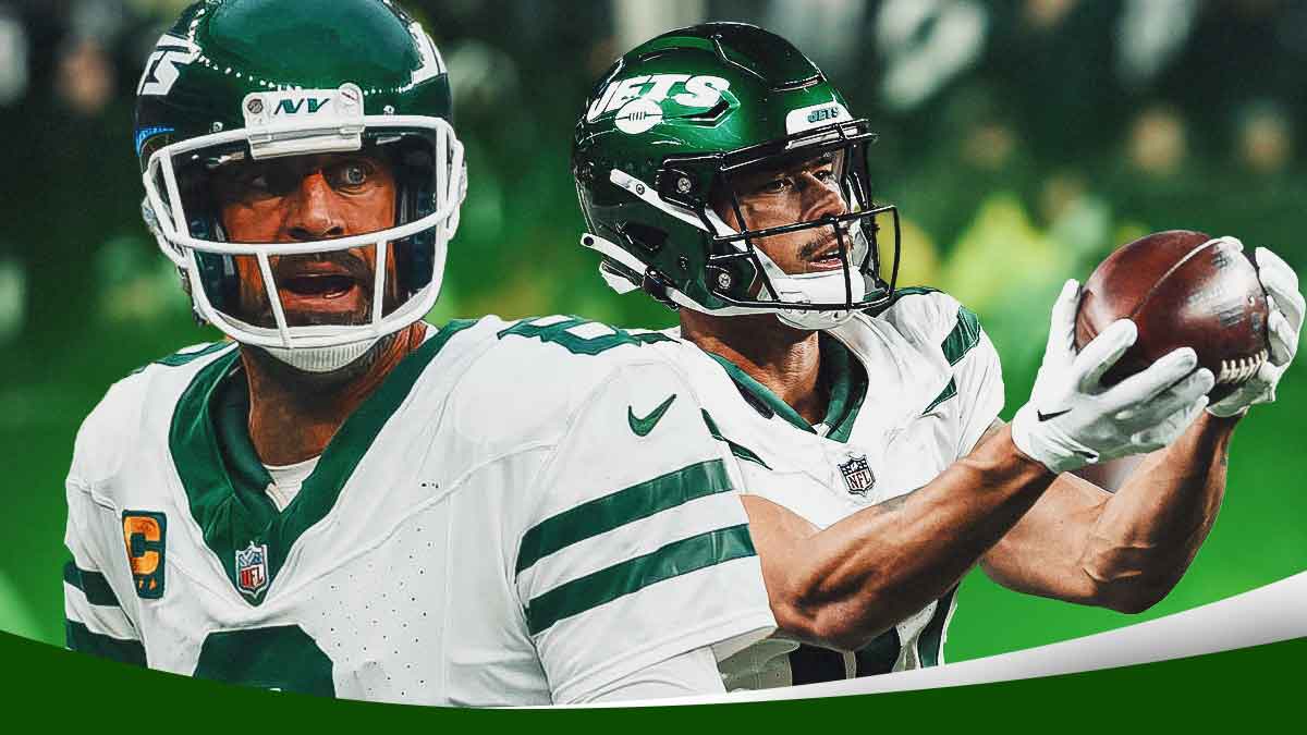 Aaron Rodgers in a New York Jets uniform celebrating and Allen Lazard in a New York Jets uniform catching a ball as Rodgers hit Lazard for a hail mary touchdown on Monday Night Football against the bills.