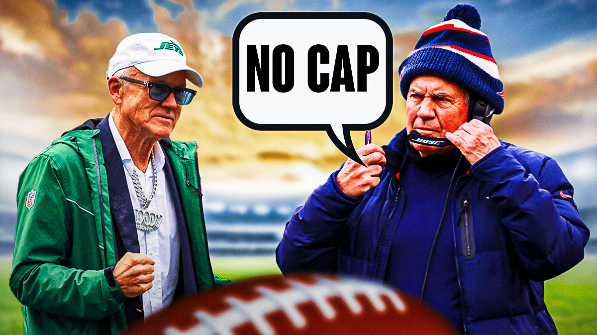 Bill Belichick with a talk bubble that says NO CAP next to Jets owner Woody Johnson
