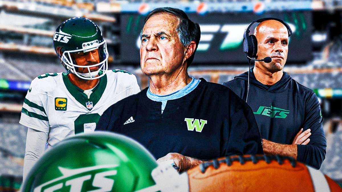 Bill Belichick in the center with New York Jets star Aaron Rodgers and Robert Saleh on either side in front of MetLife Stadium.