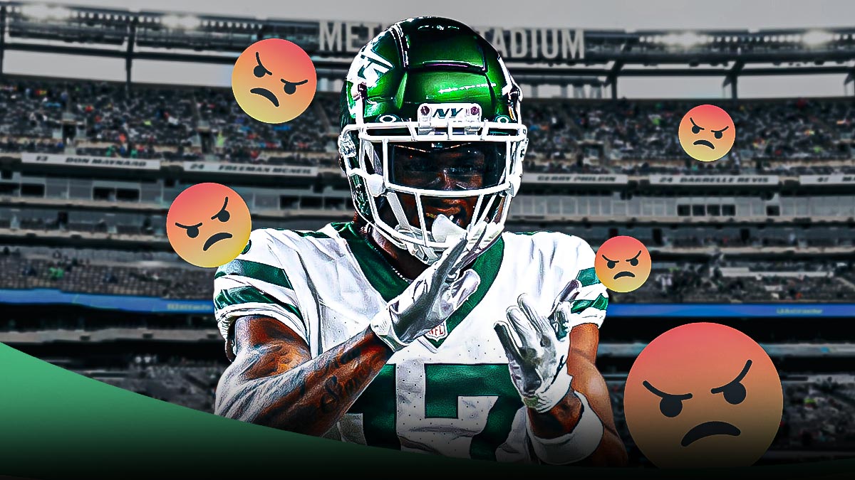 New York Jets wide receiver Davante Adams with angry emojis around him. Please use MetLife Stadium as the background image.